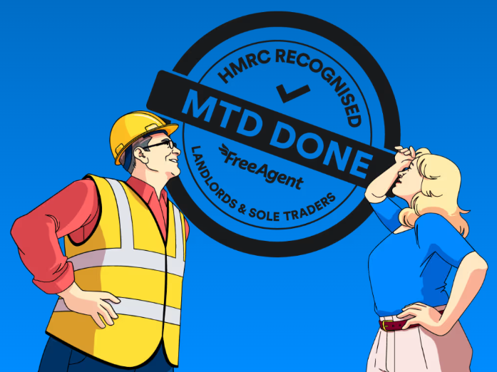 A cartoon illustration featuring a man in a yellow hard hat and safety vest smiling at a woman with blonde hair, who is playfully touching her face. The background is blue, and there is a prominent circular stamp graphic stating 'HMRC RECOGNISED MTD DONE FreeAgent LANDLORDS & SOLE TRADERS'.